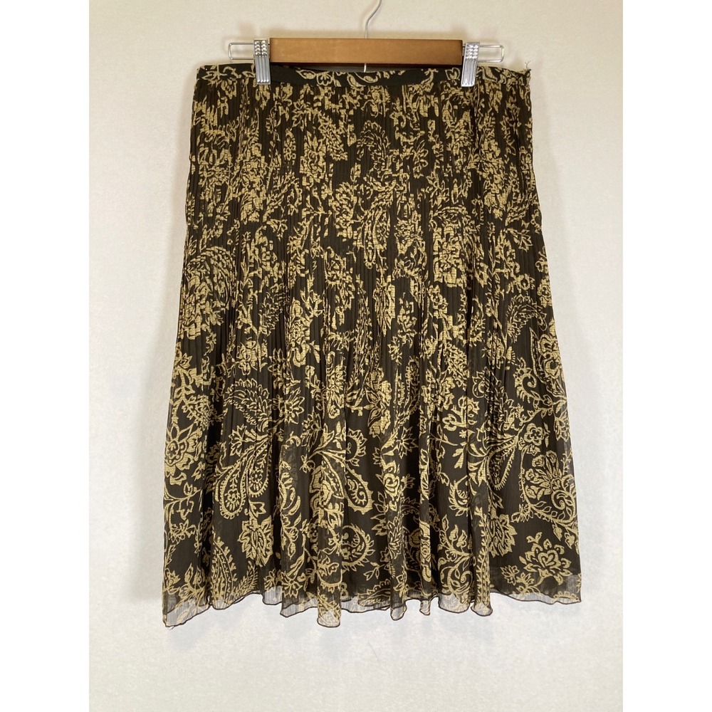 Boho Paisley Rafaella Womens 10 Brown Gold Pleated Chiffon Floral Midi Skirt